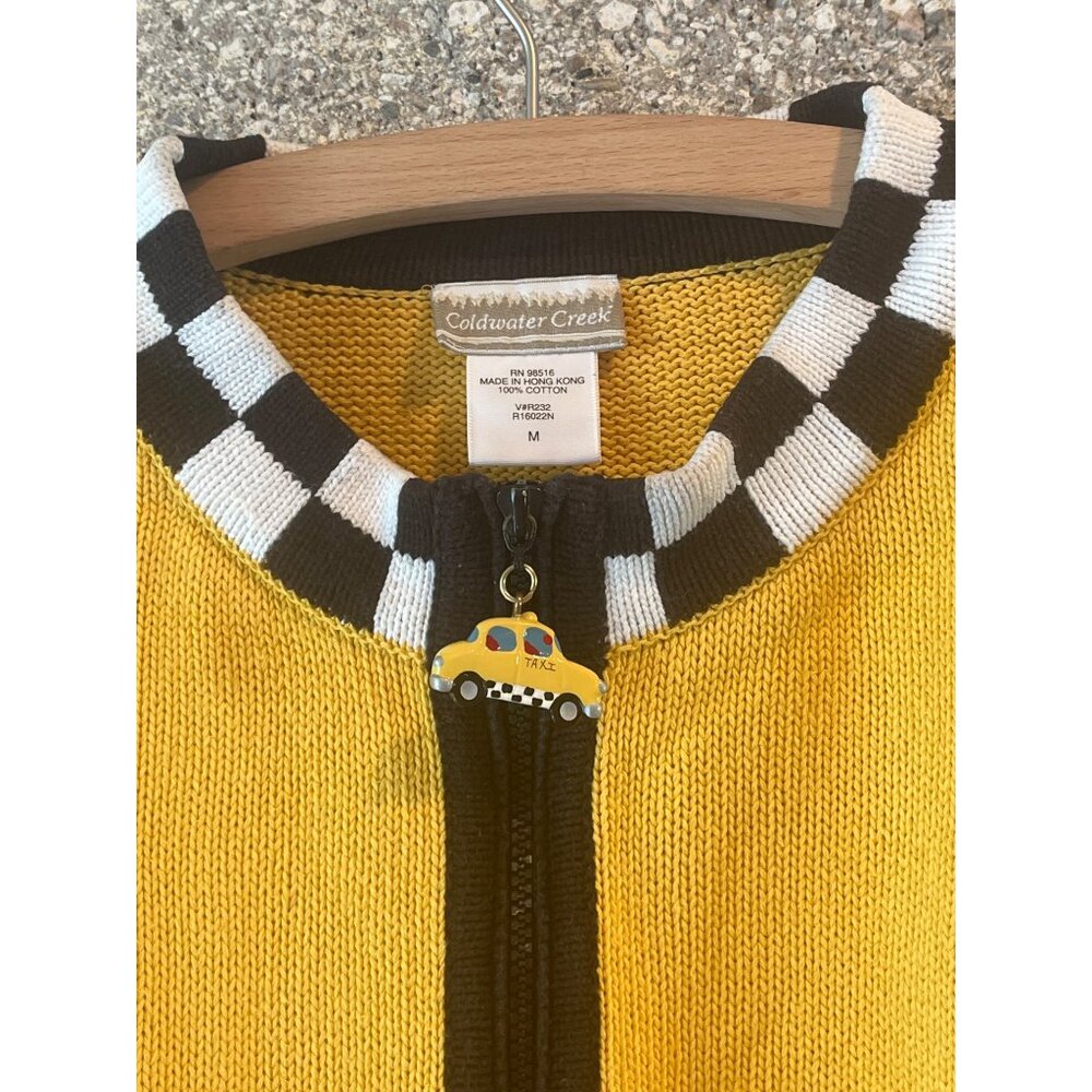 Coldwater Creek Yellow Knit Zip Cardigan With Taxi Charm & Checkerboard Trim M T - Picture 2 of 6